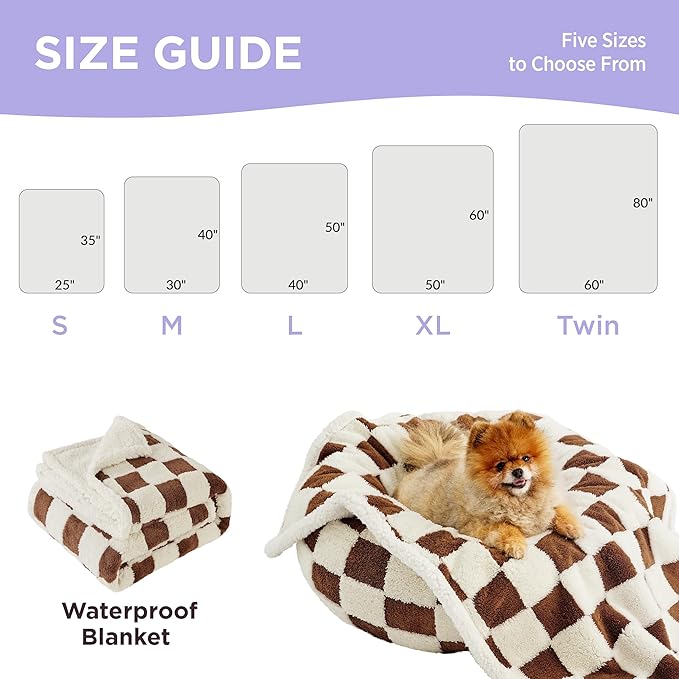 LE SURE Waterproof Dog Blankets for Large Dogs Cute Cozy 3D Jacquard,50x60 | Warm Soft Pet Blanket for Senior Dogs Aesthetic Gift, Washable Sherpa Throw, Reversible Couch Protector, Brown Checks