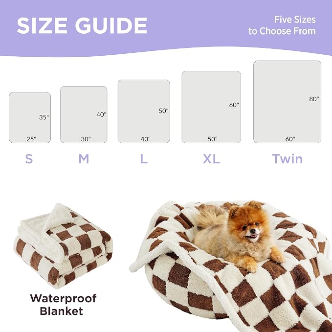 LE SURE Waterproof Dog Blankets for Small Dogs Cute Cozy 3D Jacquard,25x35 | Puppy Blanket for Cat Aesthetic Gift, Warm Soft Sherpa Throw Washable, Reversible Pet Couch Protector, Brown Checks