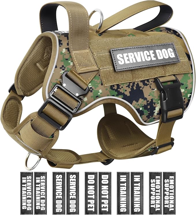 2X Metal Buckle Service Working MOLLE Dog Vest with 10 Pet Patches | Tactical Dog Harness for Large Dog, No-pull Military Working Vest for Training Hunting Walking，2x D Rings for Leash Clip