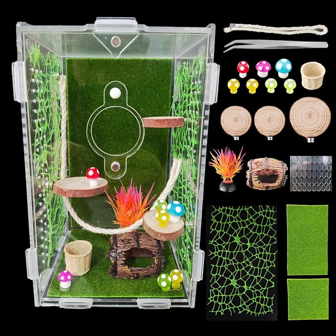 Acrylic Jumping Spider Enclosure,Reptile Enclosure,Bug Habitat, for Small Tree Dwelling Reptiles,Arboreal Tarantula Enclosure, Spider Terrarium Kit,Plastic Terrarium(4.7" X 4.7" X 8")