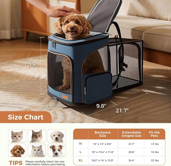 Lekereise Large Cat Backpack Carrier Fit Up to 20 25 Lbs, Expandable Pet Carrier Backpack Foldable Dog Backpack Carrier, Blue