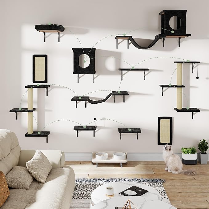 11-in-1 Cat Wall Shelves Cat Climbing Furniture with Wall Mounted Perch & Lounge for Indoor Cats, Space-Saving Cat Climbing Wall Systems, Black