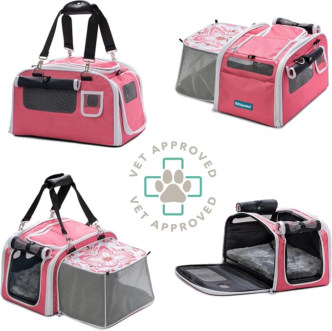 Kittyrama Soft-Sided Airline Approved Cat Carrier with Expandable Hideaway | Escape-Proof SBS Self-Locking Zippers | 22 lb Capacity | Vet Approved | Top & Side Entry | 17×11×11 in