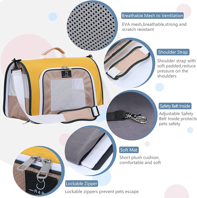 A 4 Pet Cat Carrier, Airline Approved Pet Carrier for Small Medium Cats Dogs Puppy with Safety Tether, Lightweight EVA Soft-Sided Bag, Anti-Collapse for Plane Car Train Vet
