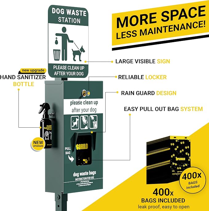 Mini Pet Waste Station - Pull Out Bags (400 Bags Included) - Original Glow in the Dark & Dog Poop Sign Dispenser with Hand Sanitizer Bottle