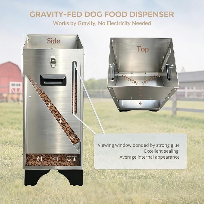 Automatic Dog Feeder Large Breed Outdoor Kennel,Elevated Dog Food Dispenser | 25lbs Gravity Dog Food Station, Stainless Steel, Elevated 3.1" Design, Viewing Window & Dual Lock Secure Prevent Overeating