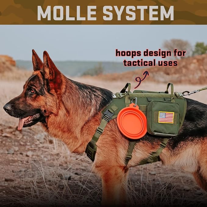 Forestpaw Tactical Dog Harness Pouches and Patches Set,L,Green | Adjustable Fits 27-40" Chest,70-140 lbs,No Pull Military Style Service Dog Vest for Daily Walking Training,Medium Large Dogs