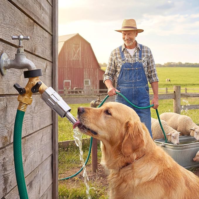 Realspring 3/4" Automatic Dog Water Dispenser with 2 Way Hose Splitter, Outdoor Dog Water Fountain Hose Spigot Attachment, Fits Garden Faucet for Large Dogs & Livestock, Anti-Leak Tape Included