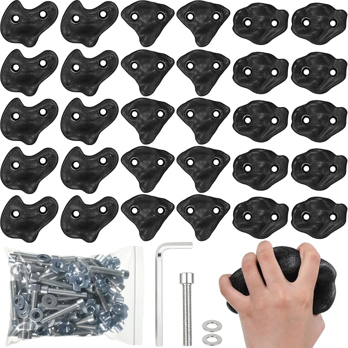 Soulchen 30 Pcs Rock Climbing Holds for Climber 3 Shapes Extra Large Rock Climbing Stone Wall Grips with Wrench, Screw for Indoor and Outdoor Playground Backyard Park (Black Classic Style)