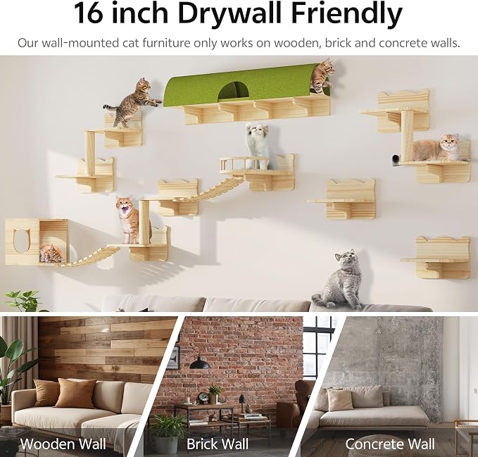 16-in-1 Cat Shelves for Wall, Cat Wall Furniture w/Tunnel & Bridge | Multi-Level Floating Cat Shelves for Space Saving, Solid Wood Cat Climbing System with Scratching Posts, 2 Condos, Burlywood