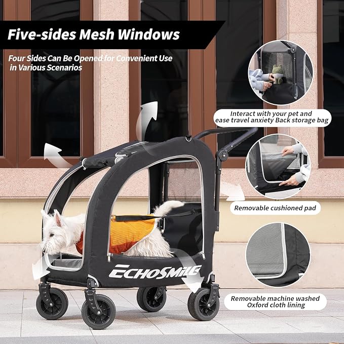 EchoSmile 4 Wheels Pet Stroller, Dog & Cat Stroller for All-Season, Lightweight Carrier with Storage Basket, Adjustable Handle, Removable Pad, Breathable Mesh, Up to 135 lbs, Black (Black)