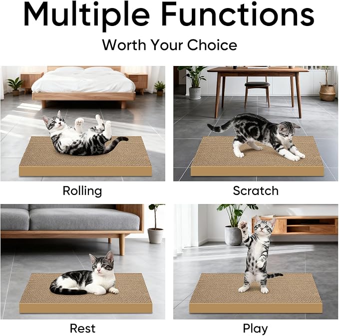 Cat Scratchers 4 Pack, Corrugated Cardboard Cat Scratching Pads for Indoor Cats and Kittens, Large Cat Scratch Pad Boards, Reversible Cat Scratch Boards for Floor, Wall, and Corner Use