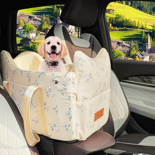 Center Console Small Dog Car Seat Yellow | Portable Puppy Booster Armrest Carseat Comfort Car Travel with Washable Fluffy Cushion and Pillow