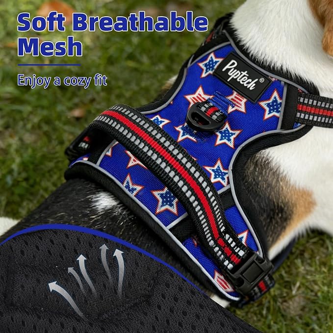 PUPTECK No Pull Tactical Dog Harness for Large, Adjustable Reflective Dog Harness with Handle Easy Control, Comfortable Soft Padded Pet Vest Harness for Large Dogs, Blue Stars L