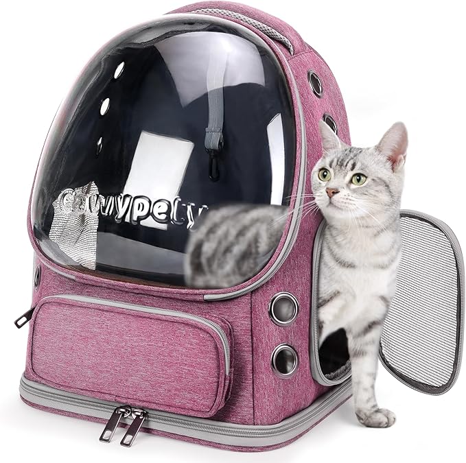 Cawypety Cat Backpack Carrier, Breathable Cat Carrier Large Space Bubble Pet Backpack for Kitty Small Dog up to 12lbs, Transparent & Foldable Pet Carrier for Travel Hiking（Pink）