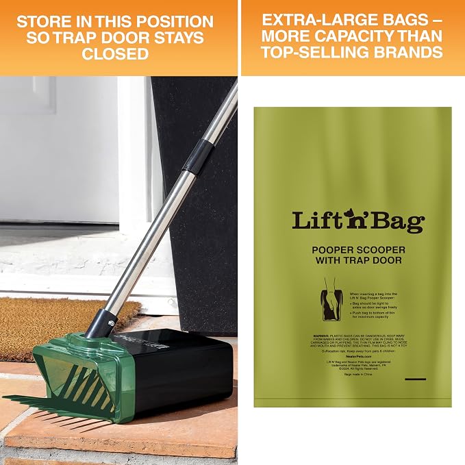 Neater Pet Brands Lift N’ Bag 2.0 Dog Pooper Scooper with Bag Attachment & 31" Pole for Small to Large Dogs, New Longer Pole, 15 Refill Bags, Heavy Duty Dog Poop Scooper for Yard, One-Hand Use