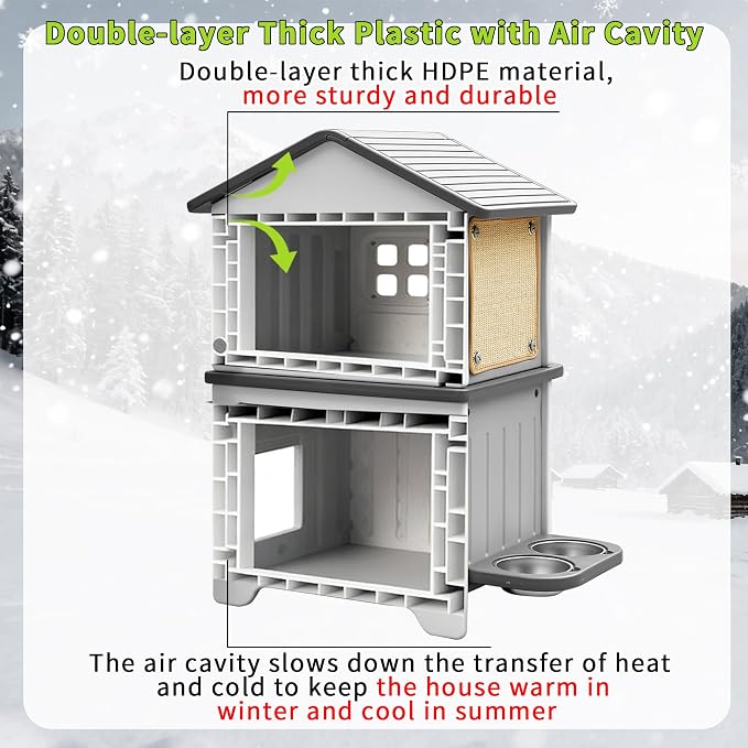 Cat House Outdoor Weatherpoof Plastic Cats Houses 2-Story | with Elevated Cat Bowls, Cat Scratch Pads and Escape Door, Indoor Waterproof Feral Cat Shelter Outside for Multiple Cats
