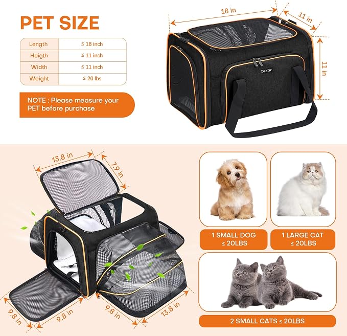 Pet Carrier, Large Soft Sided Expandable Travel Carrier with Steel Frame, Anti-Scratch Mesh, Removable Fleece Pad and Pockets for Cats, Dogs and Small Animals up to 15 lbs (Black, 4 Sides Expandable)