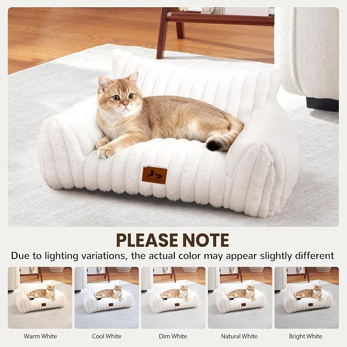 Cat Couch for Pets, Cute Cat Bed with Cozy Soft Faux Rabbit Fur for Kitten, Fuzzy Cats Sofa for Indoor Cats, Supportive Pet Sofa with Removable Washable Cover, Cream, 24"
