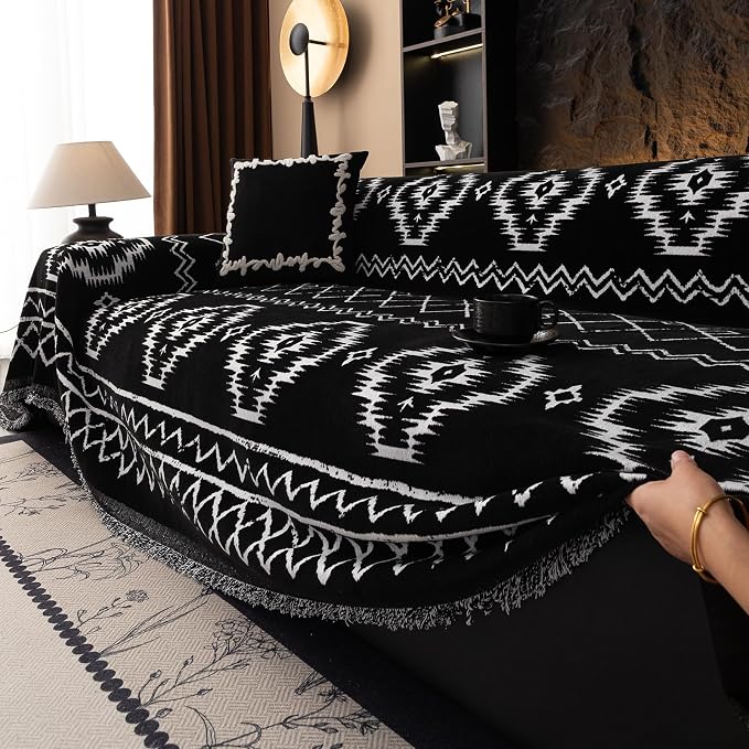 VClife Boho Couch Cover Chenille Sofa Cover for Sectional Sofa, Non Slip Couch Covers for 3 Seater Sofa Pet Friendly Sofa Protector with Tassel, Tribal Pattern Couch Slipcover, Black, 71"X134"