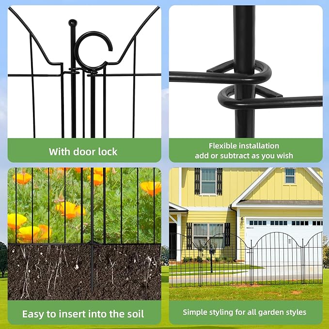 Blingluck Decorative Metal Garden Fence with Gate Lock 5 Panels, 24in (H) x 10ft (L) No Dig Dog Fence Outdoor for Yard, Temporary Rustproof Metal Wire Rabbit Dog Garden Border Fencing for Patio