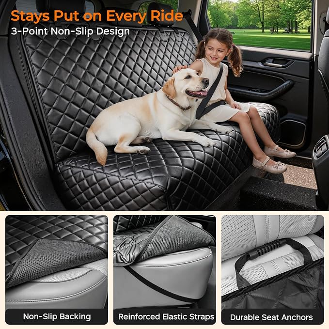 URPOWER PU Leather Dog Car Seat Cover for Back Seat, Waterproof Non-Slip Bench Seat Protector for Dogs, Easy-Clean Scratch-Resistant Pet Seat Cover for Compact Cars Small SUVs