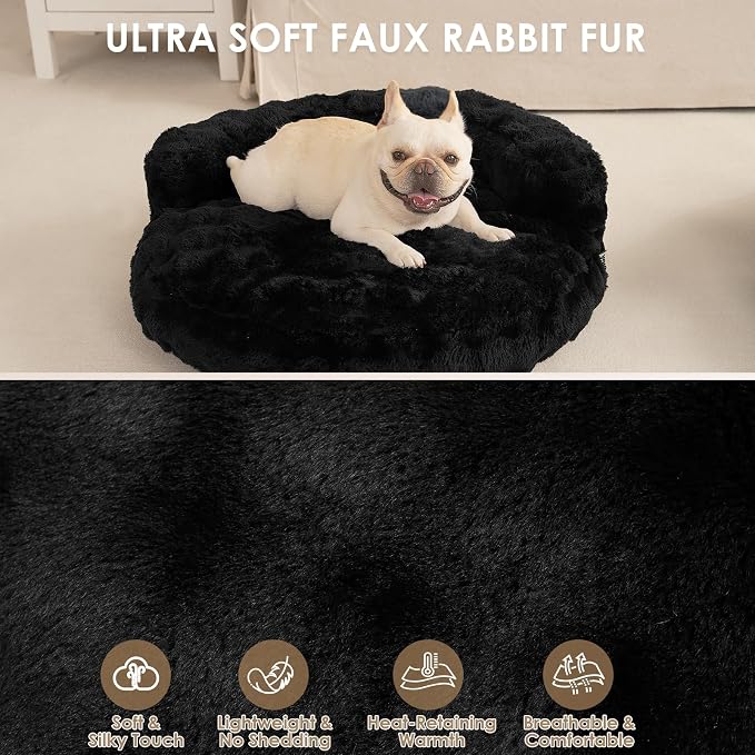 EHEYCIGA Soft Cat Couch Bed for Indoor Cats, Fluffy Small Dog Bed with Removable Washable Cover, Bolster Pet Sofa, Waterproof and Non-Slip, 23" x 23"x 7", Black