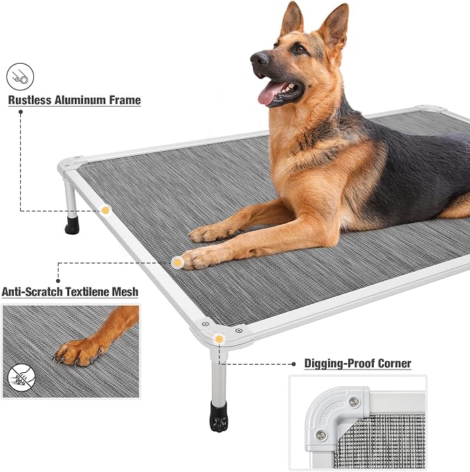 Veehoo Chew Proof Elevated Dog Bed, Cooling Raised Pet Cot, Silver Aluminum | Indestructible Dog Bed with Durable Textilene Mesh Fabric, No-Slip Feet for Indoor or Outdoor, 59", Extra Large, Black Silver