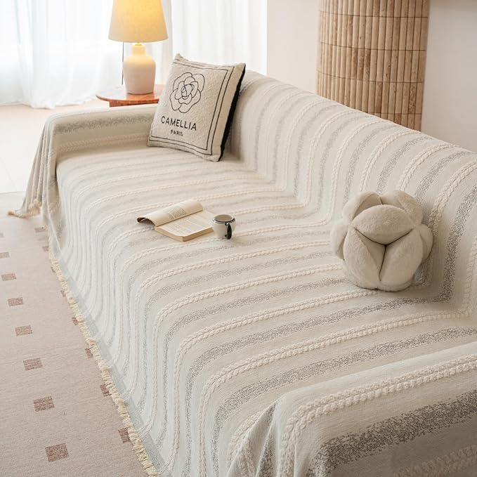 VClife Chenille Sofa Cover Bohemian Striped Pattern Couch Cover for 2 Cushion Sofa - Cream and Gray Textured Sofa Slipcover Washable Furniture Protector for Couch Decorative Couch Cushion Cover