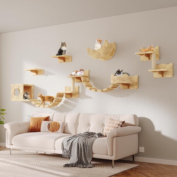 13-in-1 Cat Wall Shelves, Moon & Bridge Cat Wall Furniture, Beige | Wall Mounted Cats Shelf Set with Plush Fabric, Cat Climbing Systems for 16 Inch Drywall, Condo, Scratching Post, Space-Saving