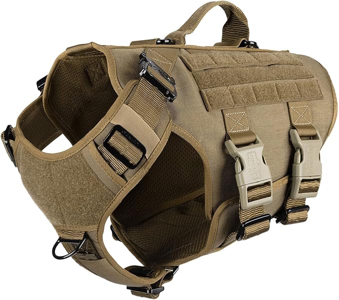 ICEFANG No Pull Tactical Dog Harness for Large Dogs,Adjustable Dog Vest | Control Handle,MOLLE Panel,Front Hook,3 Leash Clips,Soft Padded,for walking training,Brown,Large