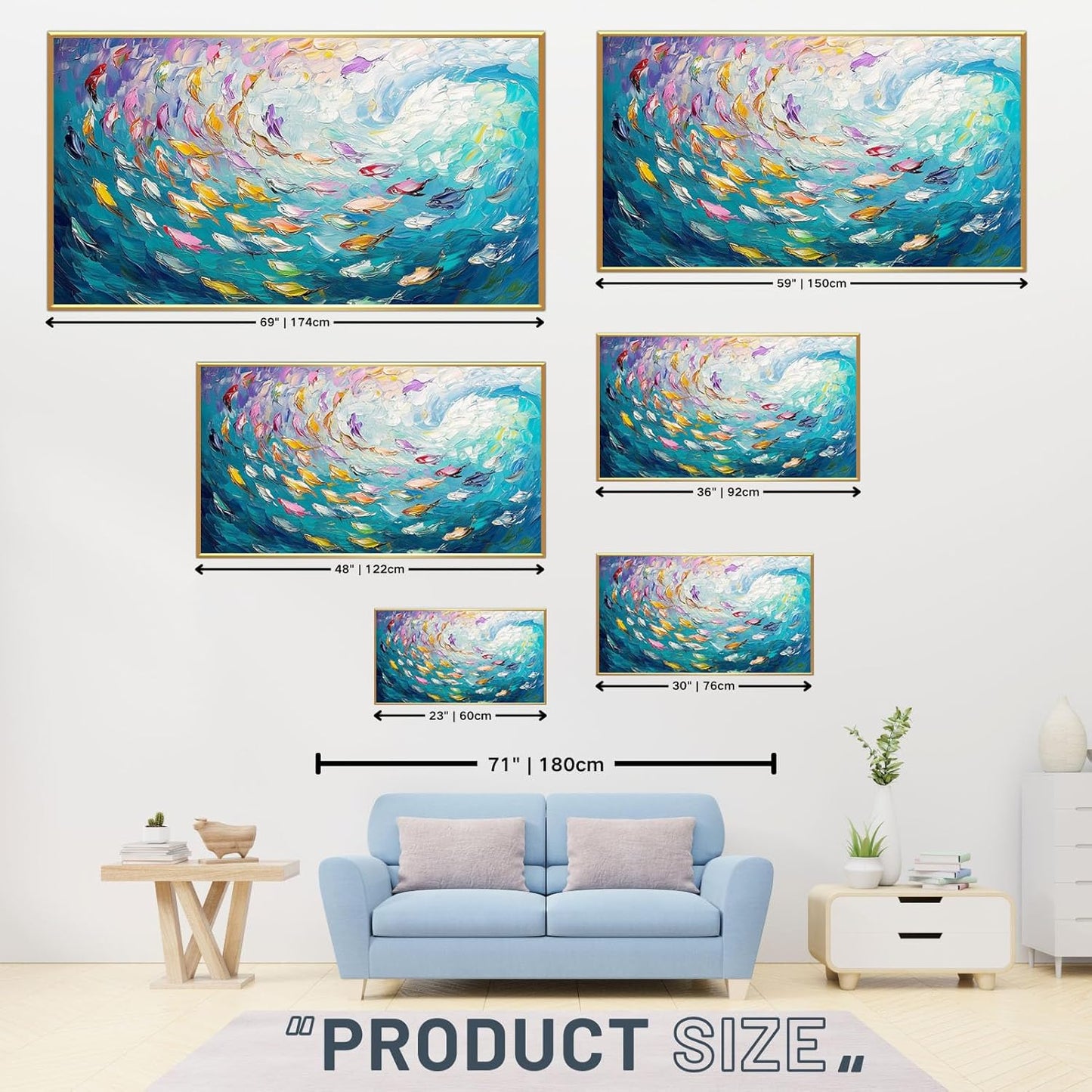 Fish Canvas Wall Art, Abstract School of Fish Canvas Wall Art, School of Fish Painting Canvas, School of Fish Wall Art, Fish Wall Decor, Fish Pictures Wall Decor, Bedroom Canvas Wall Decor (Black Framed, 48"x27" | 122x68cm)