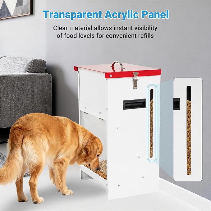 Automatic Dog Feeder, 2 PCS 25LBS Capacity Auto Gravity Dispenser | Powder Coated Dog Feeder, Waterproof for Indoor & Outdoor Use, 12.3"L x 10.5"W x 21.3"H, Red and White