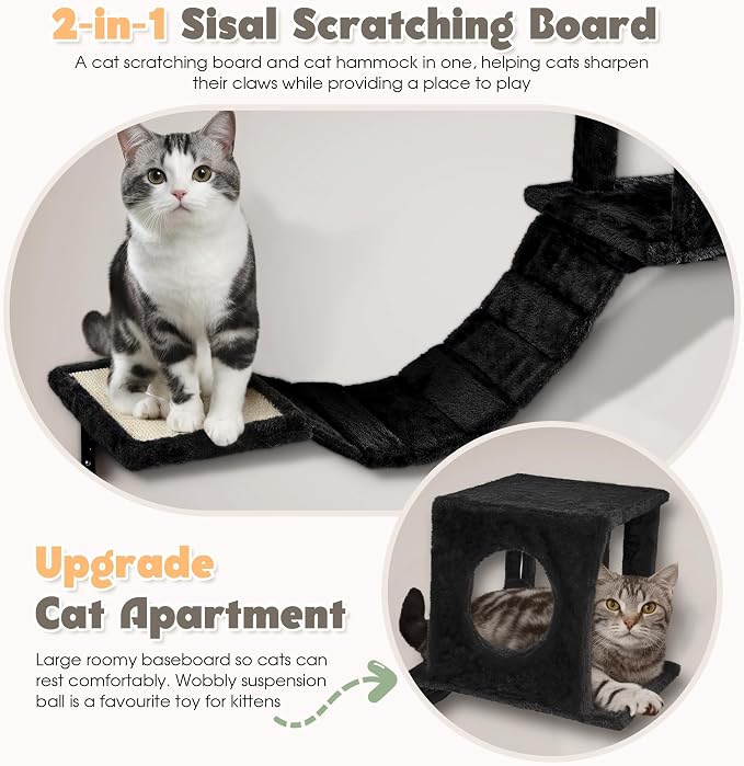 7-in-1 Cat Wall Shelves, Cat Climbing Wall Systems, Space-Saving Wall Mounted Cat Shelves for Play & Rest Includes Tunnel, House, Bridge, Steps, Scratcher, Hammock, Shelves, Black
