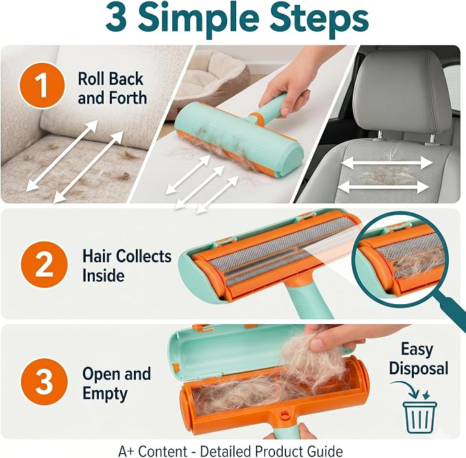 Pet Hair Remover for Couch & Furniture, Reusable Lint Roller for Dog & Cat Hair, Self Cleaning Fur Remover, Carpet & Car Hair Remover Tool