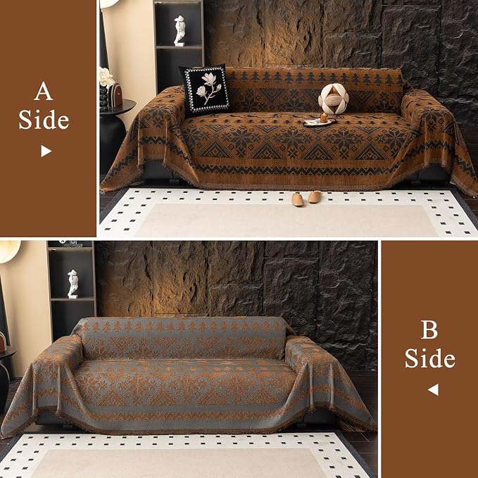VClife Boho Couch Cover for Christmas 1 Piece Soft Warm Couch Cover for Sectional Sofa, Washable Pumpkin and Black Jacquard Loveseat Sofa Covers for Home Office RV 71"x118"