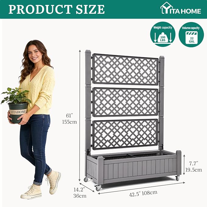 YITAHOME 42.5x14.2x61 in Planter Box with Trellis, All-Weather Raised Garden Bed with Wheels & Drain Plug, Outdoor Privacy Screen for Climbing Plants Flowers Herbs, Brown