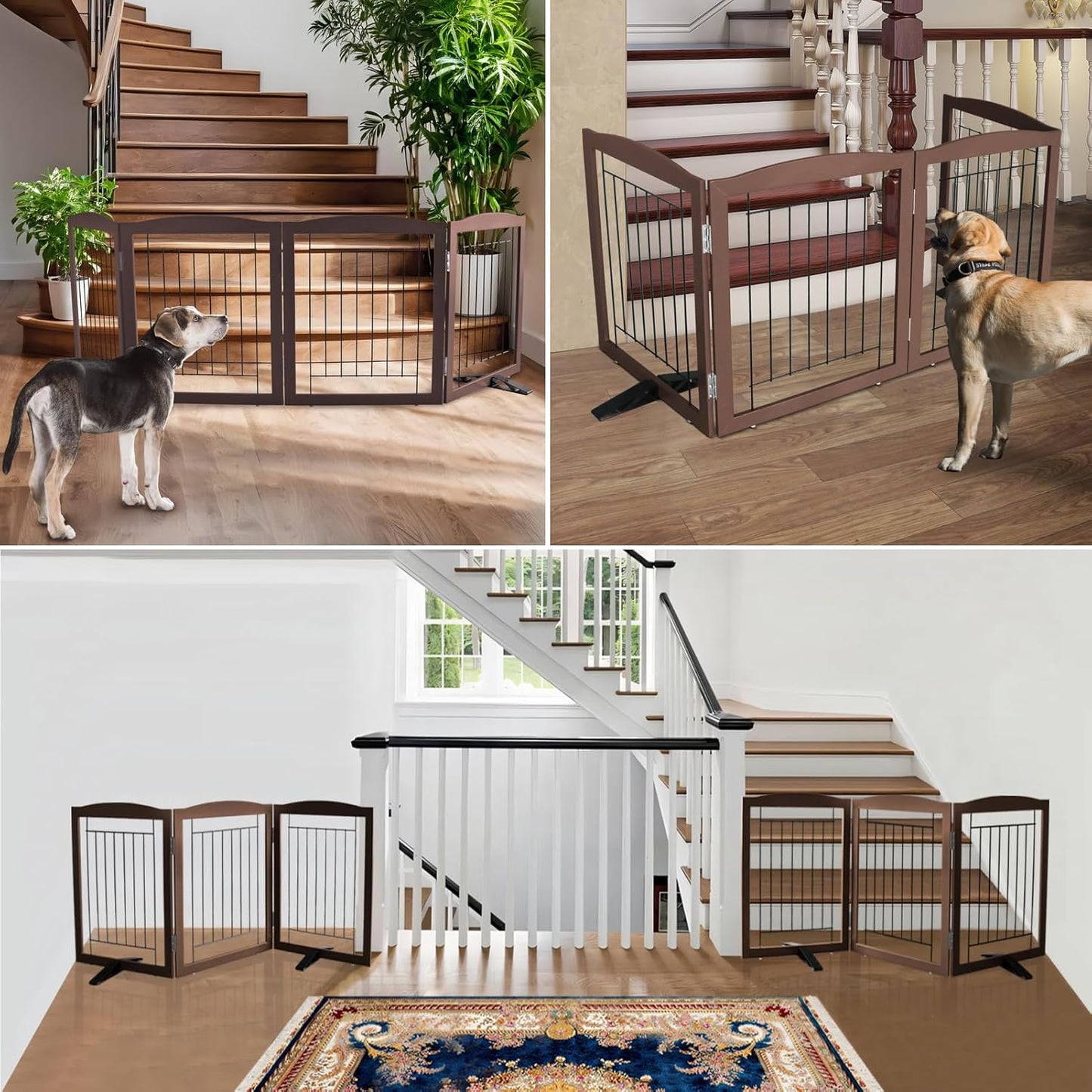 ZJSF Freestanding Dog Fence Indoor, Foldable Dog Gate for Doorways, Stairs or Hallways, Sturdy Wood Extra Wide Pet Gate with Support Feet for The House, Brown, 24 "Height-3 Panels