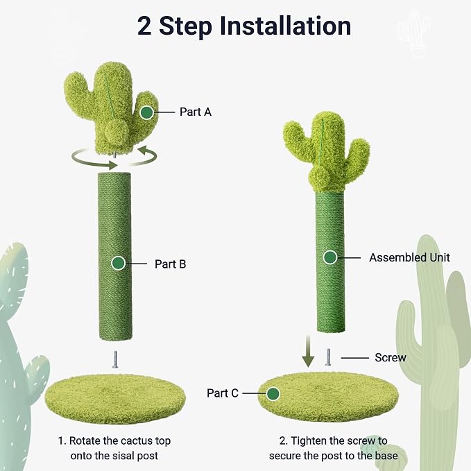 Happi N Pets Cactus Cat Scratching Post, Cute Cat Scratch Posts with Hanging Ball for Cats and Kittens, Scratching Post with 2 Bonus Toys & Catnip, Vertical Cat Scratchers