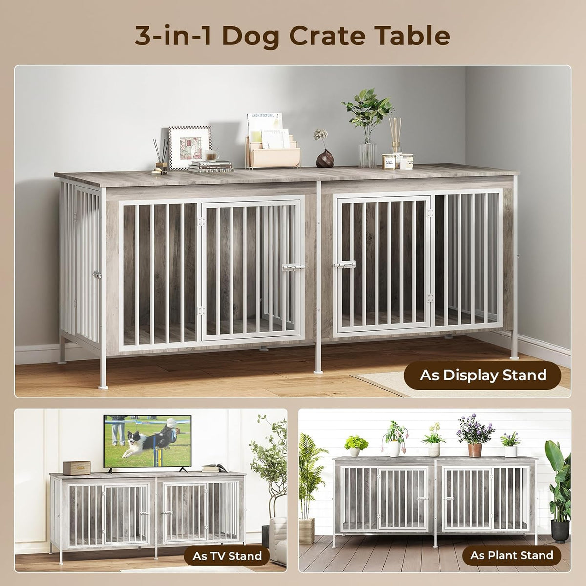 63 Inch Dog Cage Furniture for 2 Large/Medium Dogs with Removable Divider, Extra Large Double Doors Dog Kennel, XXL Thick Wooden Dog cage Furniture, Durable and Sturdy, Beige