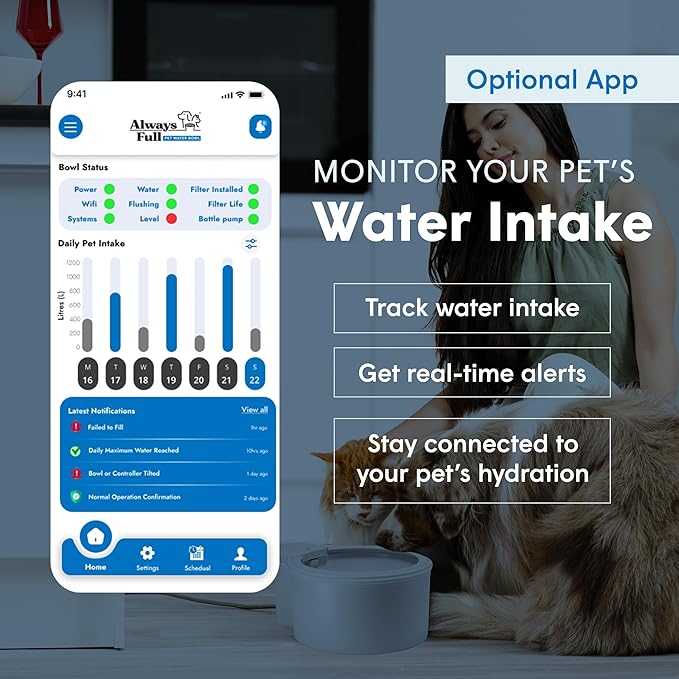 Always Full® 7” Cat Water Bowl and Bottle Pump Bundle, Self Refilling with Clean Filtered Water, App Enabled Smart Hydration Monitoring, Upgradeable System for Cats and Small Dogs