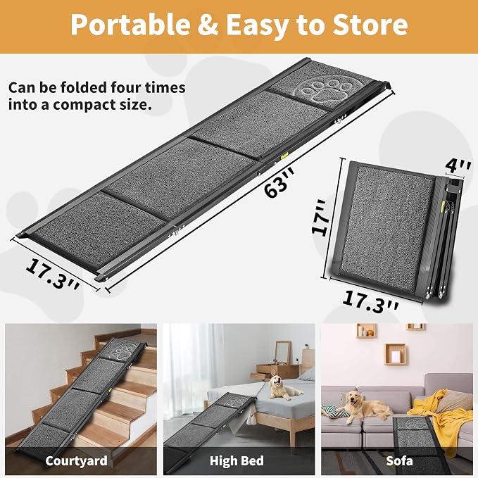 Dog Ramp for Car SUV & Truck, Portable Dog Ramps for Large Dogs | 63" Long & 17.3" Wide, Non-Slip Rug Surface, Dog Car Ramp Up to 250LBS
