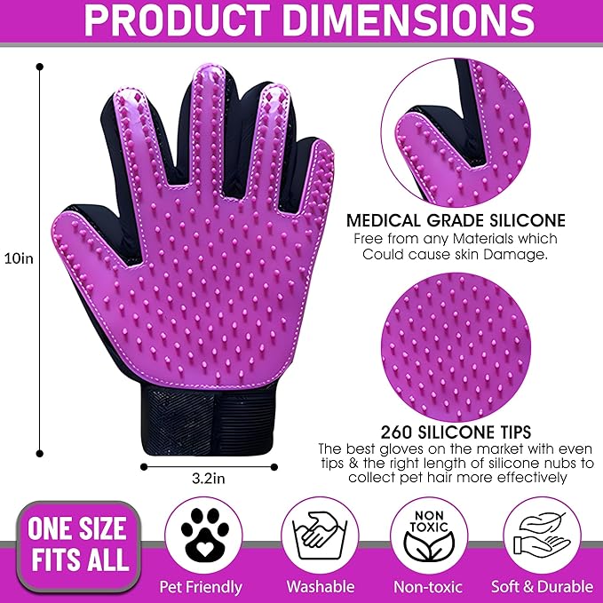 ZENELANEP Upgrade Pet Grooming Gloves, Grooming Gloves for Dogs, Cats, Rabbits & Horses with Long and Short Hair, Efficient Pets Hair Remover Mittens - 1 Pair (Purple)