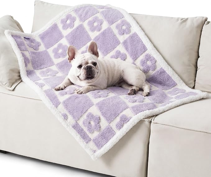 LE SURE Waterproof Dog Blankets for Medium Dogs Cute 3D Jacquard,30x40 | Puppy Blanket for Cat Aesthetic Gift, Warm Soft Sherpa Throw Washable, Reversible Pet Couch Protector, Lavender Flower Checks
