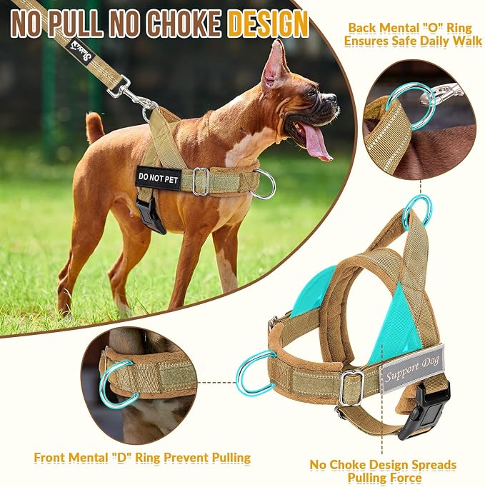 SlowTon No Pull Dog Harness with Front Clip - Heavy Duty, Soft Padded | Neck & Chest Adjustable, Tactical Pet Vest and Leash Set for Large Medium Sized Dogs, for Easy Walk & Training, Tan XL