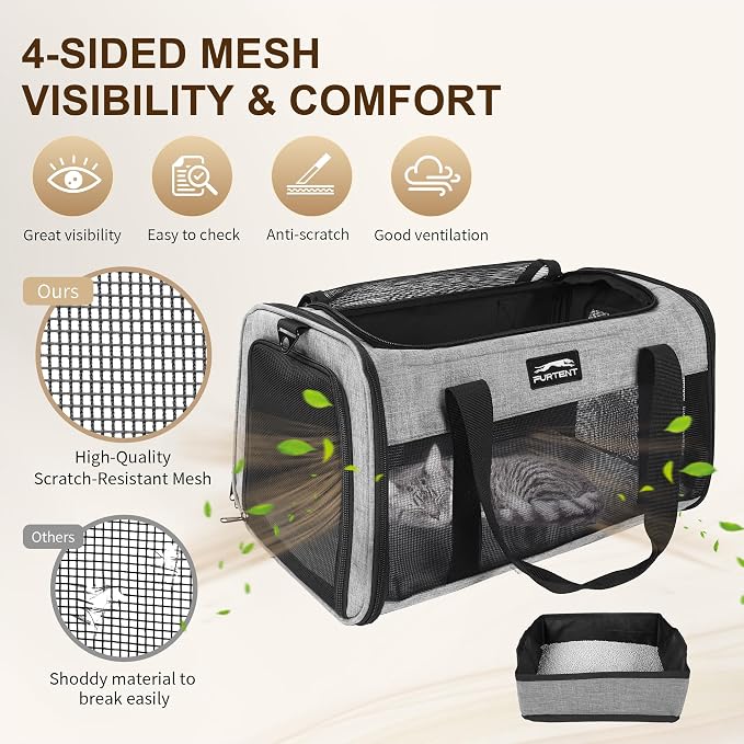 Pet Carrier Airline Approved, Soft Sided Cat Carrier for Small Pets up to 13 lbs, TSA Approved Dog Travel Bag, Portable Soft Sided Pet Carrier for Kittens and Puppies (Gray, Travel Litter Box)
