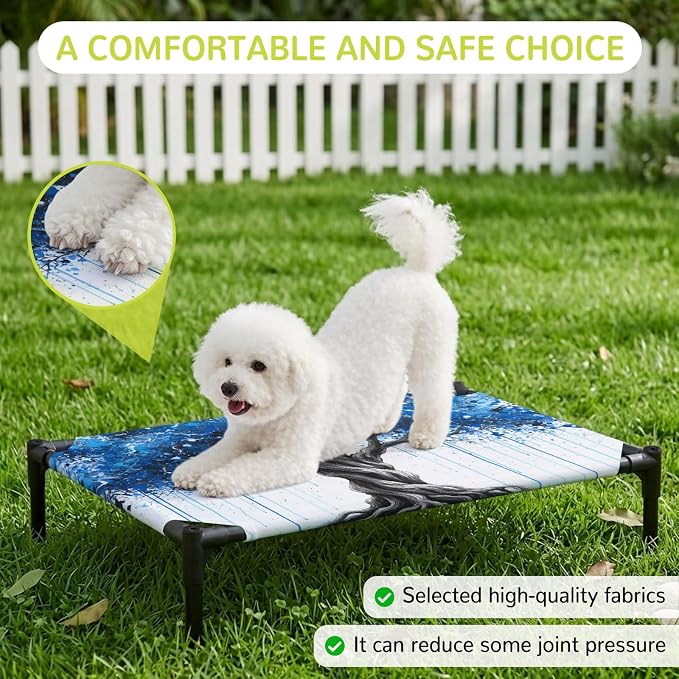 Outdoor Elevated Dog Bed for Large Dogs, Blue Trees Breathable Cooling Raised Dog Cot for Indoor/Outdoor, Boho Nature Branch Leaf Plants Landscape Waterproof Elevated Pet Beds, L 28 x 22 in