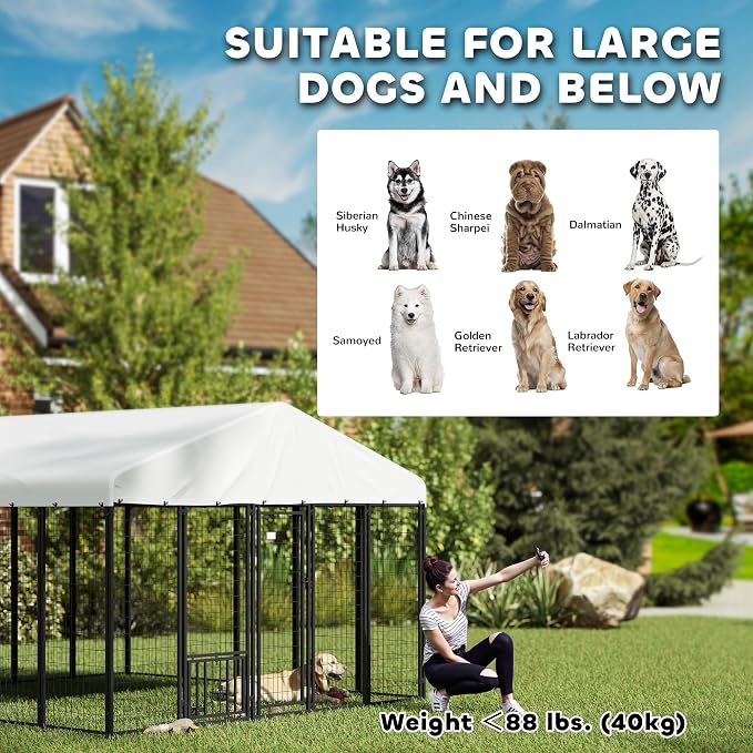 PawHut 10' x 10' x 6' Outdoor Dog Kennel with 360° Rotating Bowls, Sliver | Welded Wire Dog Kennel Outside Run, Waterproof & UV Resistant Cover, for S&M&L Breeds, Chickens & Ducks