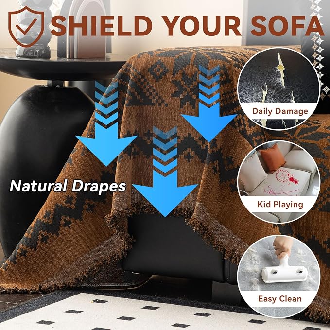 VClife Boho Couch Cover for Christmas 1 Piece Soft Warm Couch Cover for Sectional Sofa, Washable Pumpkin and Black Jacquard Loveseat Sofa Covers for Home Office RV 71"x118"
