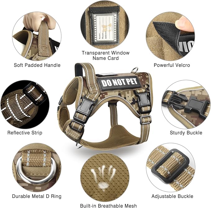 Tactical Dog Harness and Leash Set with 10 Patches for Medium Dogs | Heavy Duty No Pull Service Animal Dog Vest with Dog Seat Belt ,Adjustable Reflective Easy Walk for Training Hiking Camo M